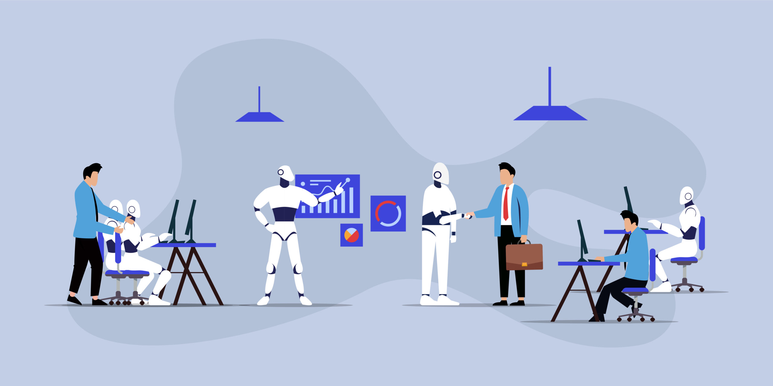 Robot Office Workers. People and Humanoids working together ifor profit